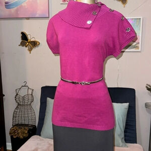 "Michael Kors Fuchsia Top Medium, Cow Neck Collar Silver Buttons, Chic & Stylish